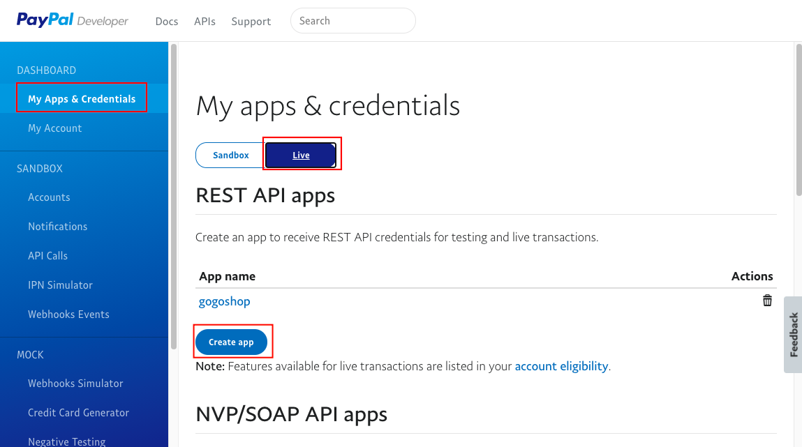 新增 paypal REST API apps