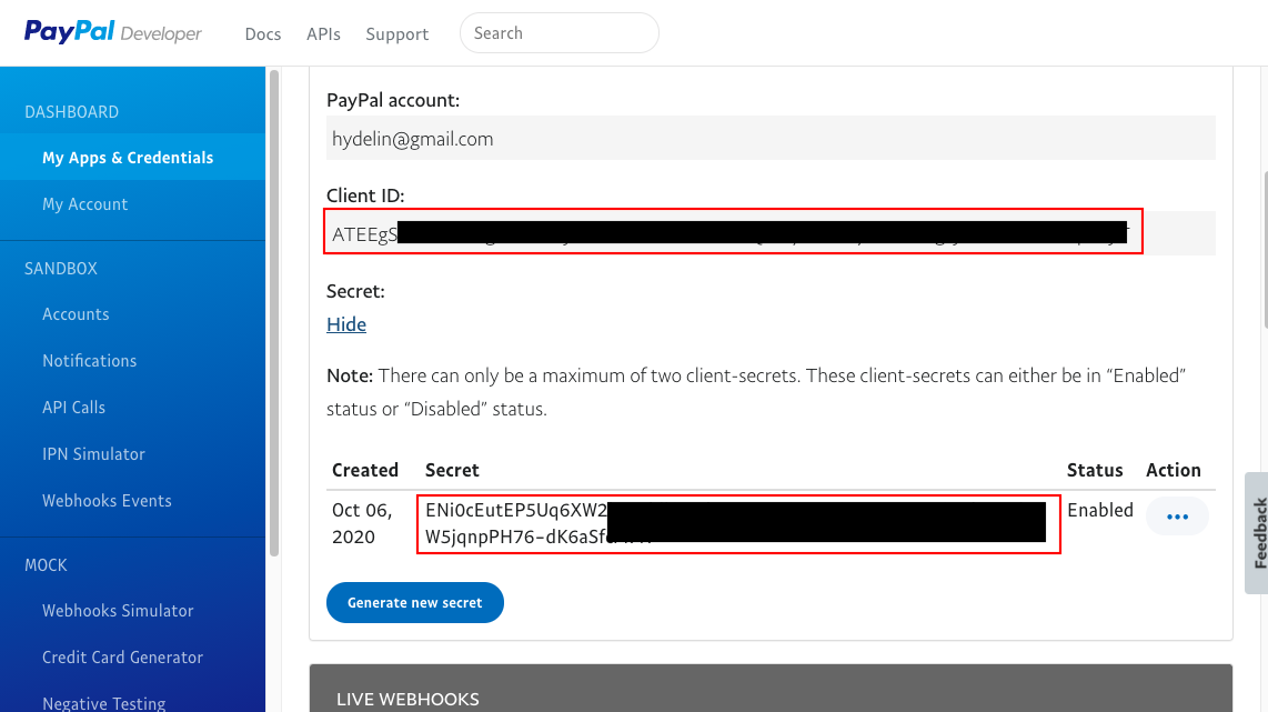 查詢PayPal Client ID 和 Secret